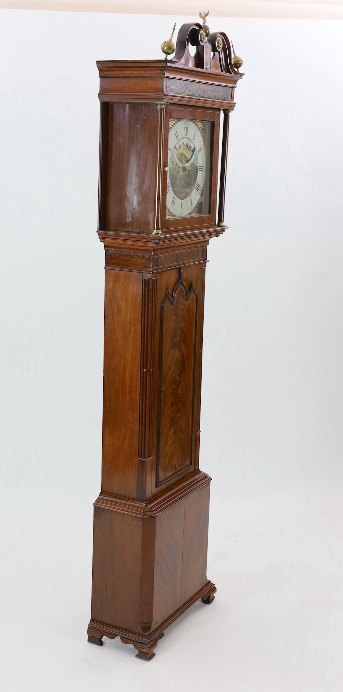 Lees of Bury. A William IV boxwood strung mahogany eight day longcase clock, W.60cm H.235cm